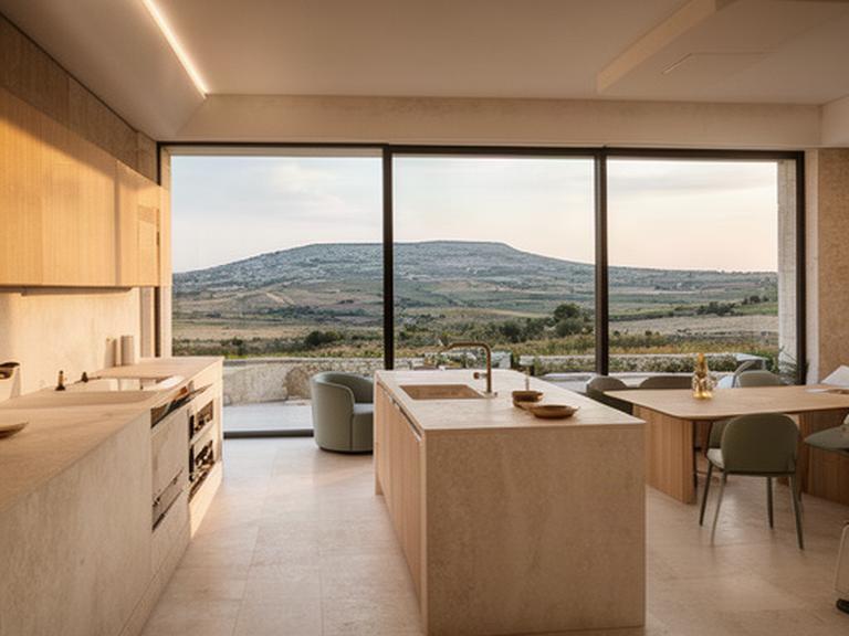 Interno di una villetta ad Altamura con cucina su misura, pietra chiara e vista sulle Murge