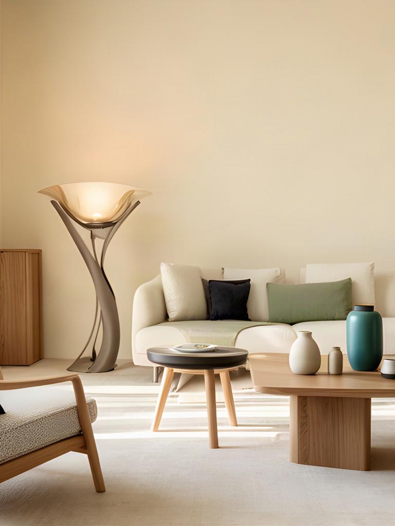 Soggiorno pugliese luminoso con arredi contemporanei, lampada scultorea e parete color crema
