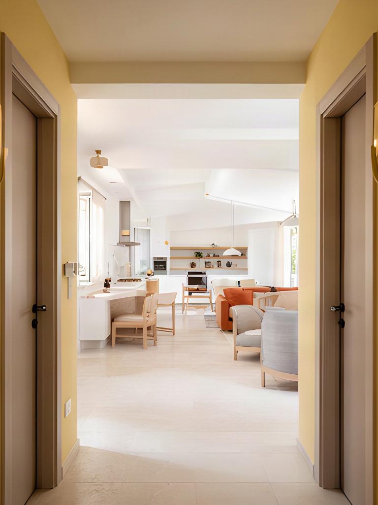 Interno ristrutturato di una casa ad Altamura con ingresso aperto, pareti color burro e arredi contemporanei
