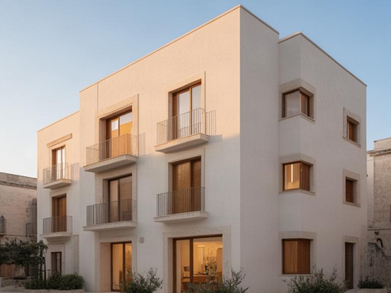Palazzina ristrutturata in Puglia con facciata chiara, aperture regolari e interni visibili