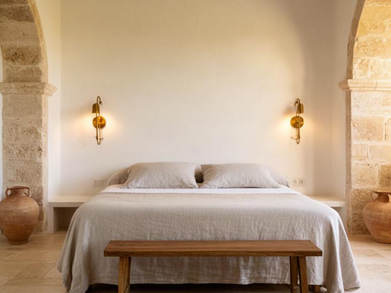 Suite di una masseria in Valle d Itria con letto in lino, muro in calce e applique in ottone