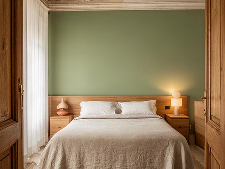 Camera da letto di un appartamento storico ad Altamura con parete verde salvia e tessili naturali