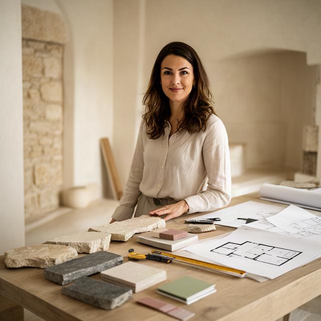 Fondatrice di studio di interior design in un interno di Altamura con campioni di pietra e planimetrie sul tavolo