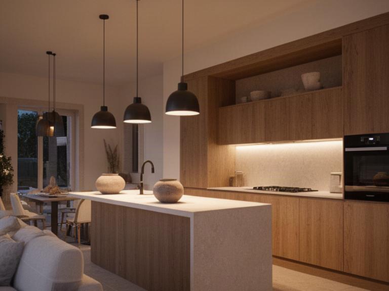Cucina aperta in una casa di Altamura con pensili in legno, pietra chiara e lampade sospese