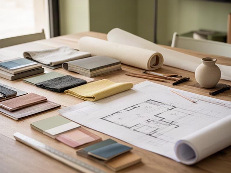 Tavolo da lavoro di uno studio di interior design ad Altamura con campioni di colori, materiali e planimetrie
