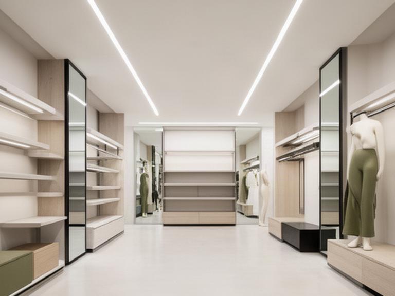 Negozio di moda ad Altamura con scaffali modulari, pavimento chiaro e illuminazione lineare
